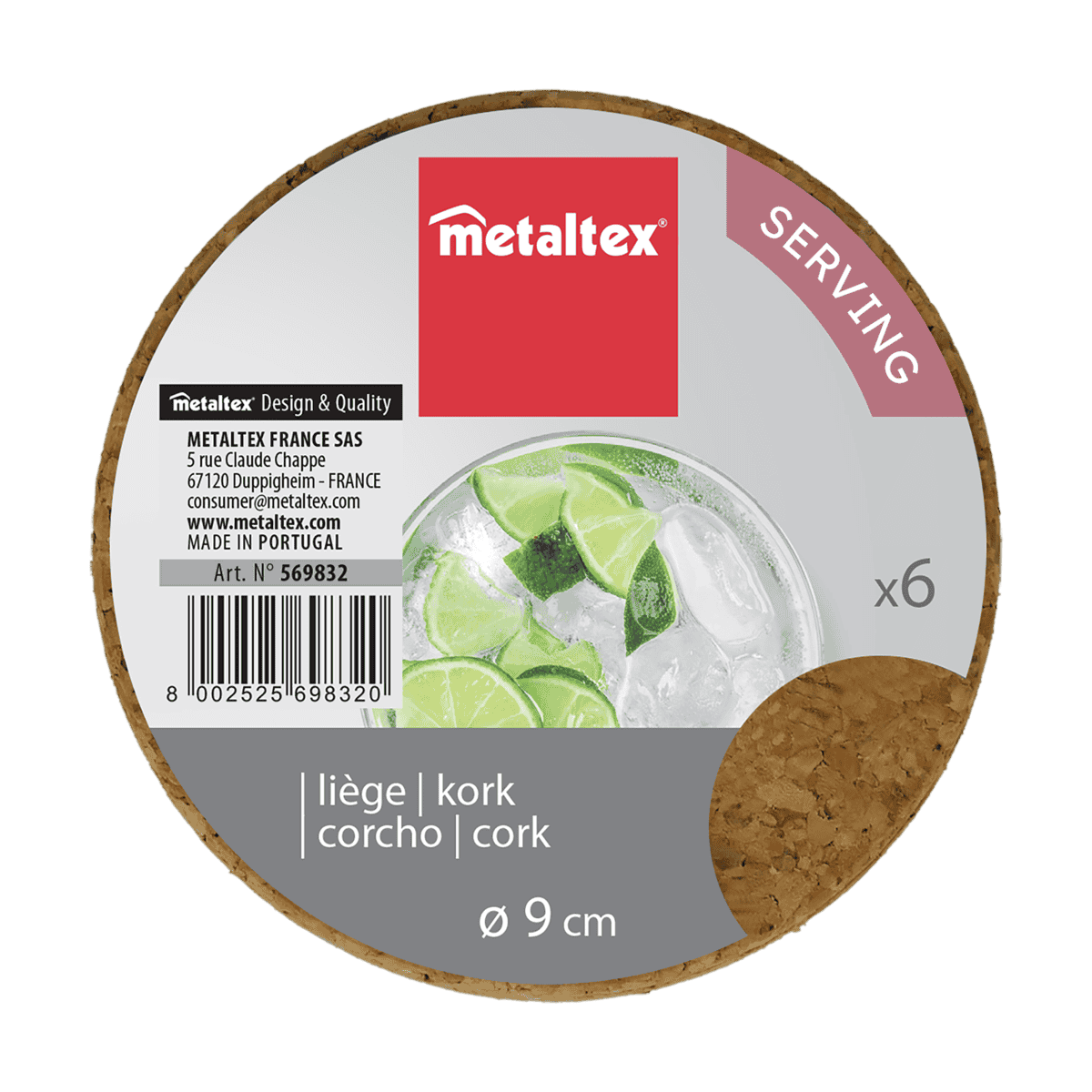 Metaltex Kork-Glasuntersetzer Ø 9 cm 6er-Set