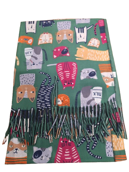 Farbenfroher Schal mit Katzenmotiven